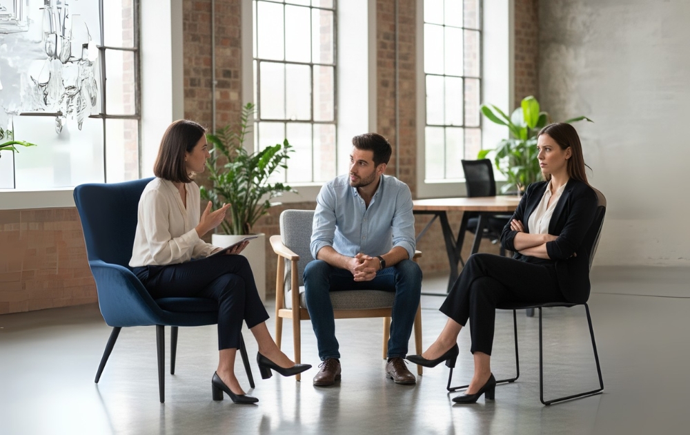 alt="metoda trzech krzeseł – trzy osoby analizujące komunikację biznesową w rozmowie"