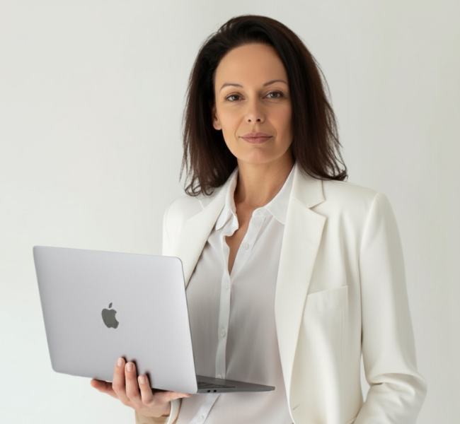 alt="kobieta w białym garniturze trzymająca macbook w prawej dłoni"