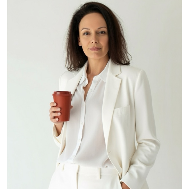 alt="kobieta w białym garniturze trzymająca w lewej dłoni kubek z kawą"