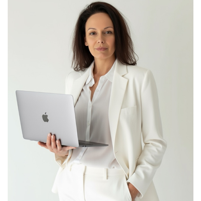 alt="kobieta w białym garniturze trzymająca Macbooka"