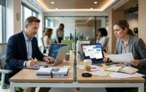 alt="Dwie osoby pracujące nad danymi biznesowymi – różne reakcje na wykorzystanie AI w analizie i podejmowaniu decyzji"