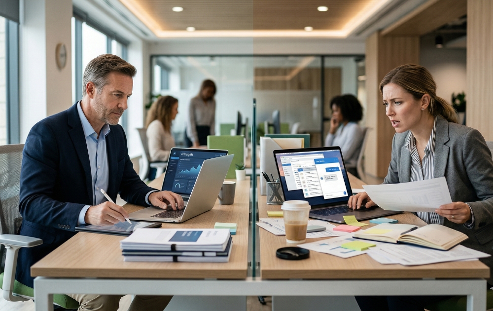 alt="Dwie osoby pracujące nad danymi biznesowymi – różne reakcje na wykorzystanie AI w analizie i podejmowaniu decyzji"