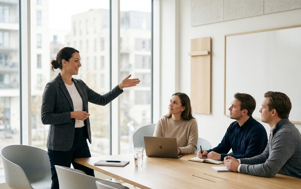 alt="Kobieta prowadząca prezentację biznesową dla zespołu w nowoczesnym biurze, omawiająca strategię i komunikację marketingową"