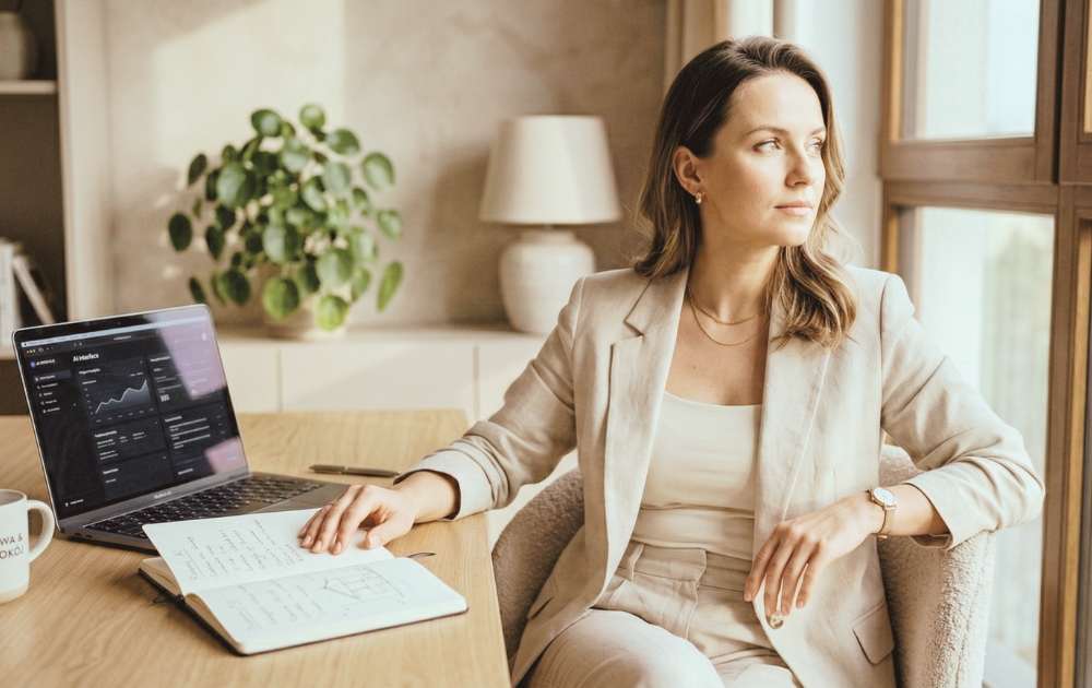 alt="Przedsiębiorczyni pracująca przy laptopie wykorzystuje AI w marketingu swojej marki"