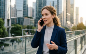 alt="kobieta z długimi kręconymi włosami rozmawiająca przez telefon spaceruje w centrum miasta"